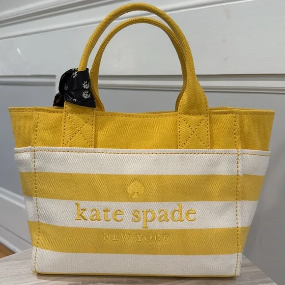 Kate Spade Bag Yellow White Striped Canvas Logo Small Tote Bag - Picture 4 of 17